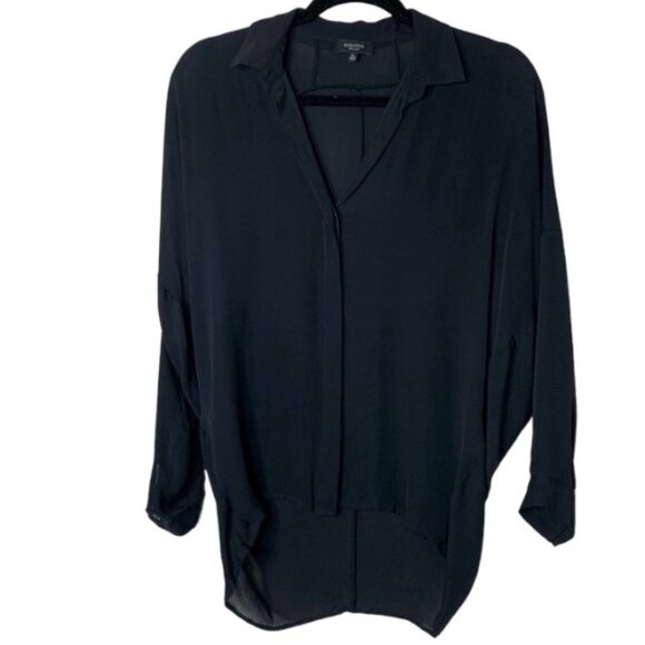 Aritzia Babaton Blouse High Low Hem Silk Button Down Black 3/4 Length Size XS - Picture 2 of 10